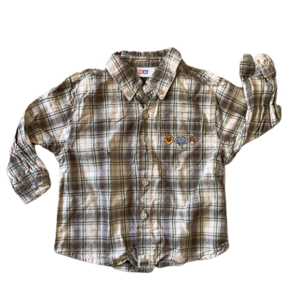 KRU 2T button down long sleeve brown plaid shirt collar